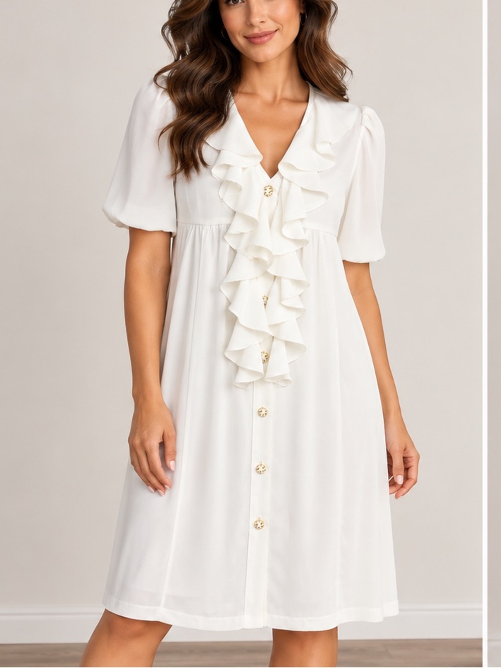 Handmade Ruffled Button-Front White Dress